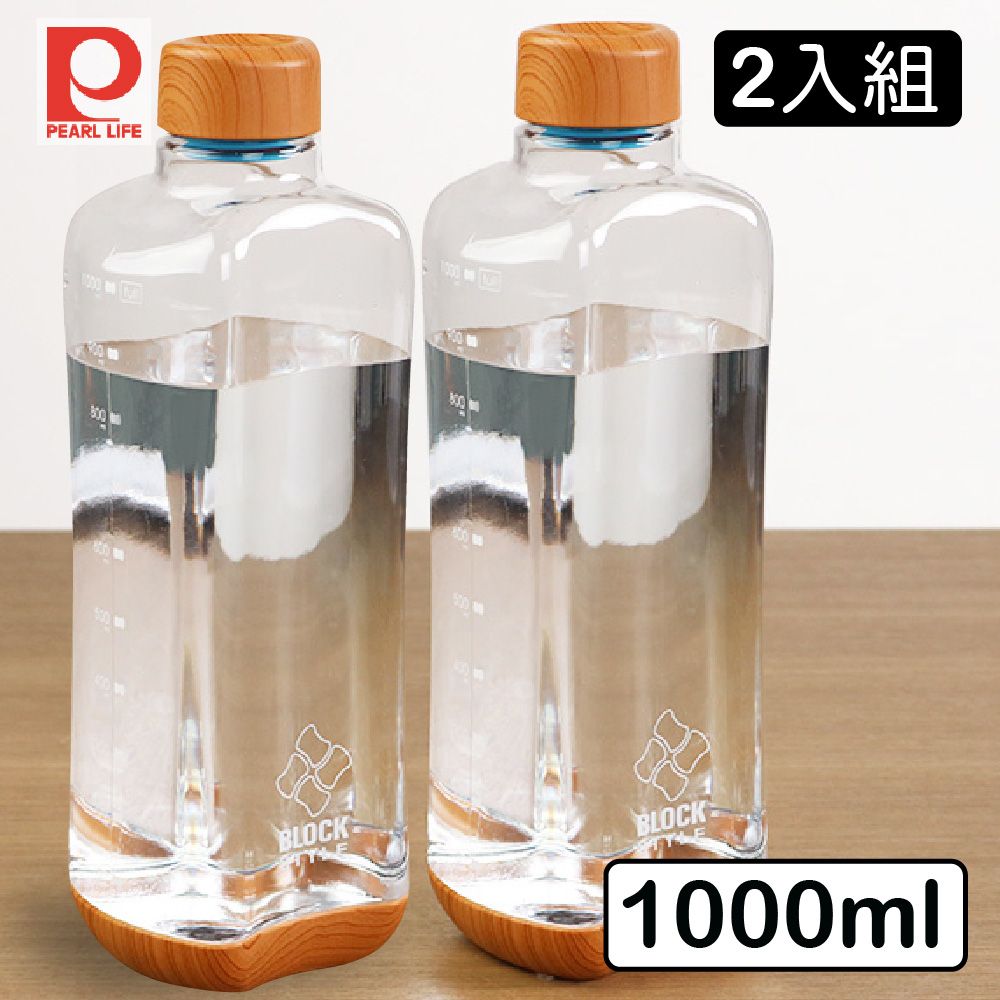  【Pearl Life】日本珍珠金屬 木紋蓋透明隨身水壺 1000ml 附刻度 超值2件組 檸檬水 冷泡茶 運動戶外