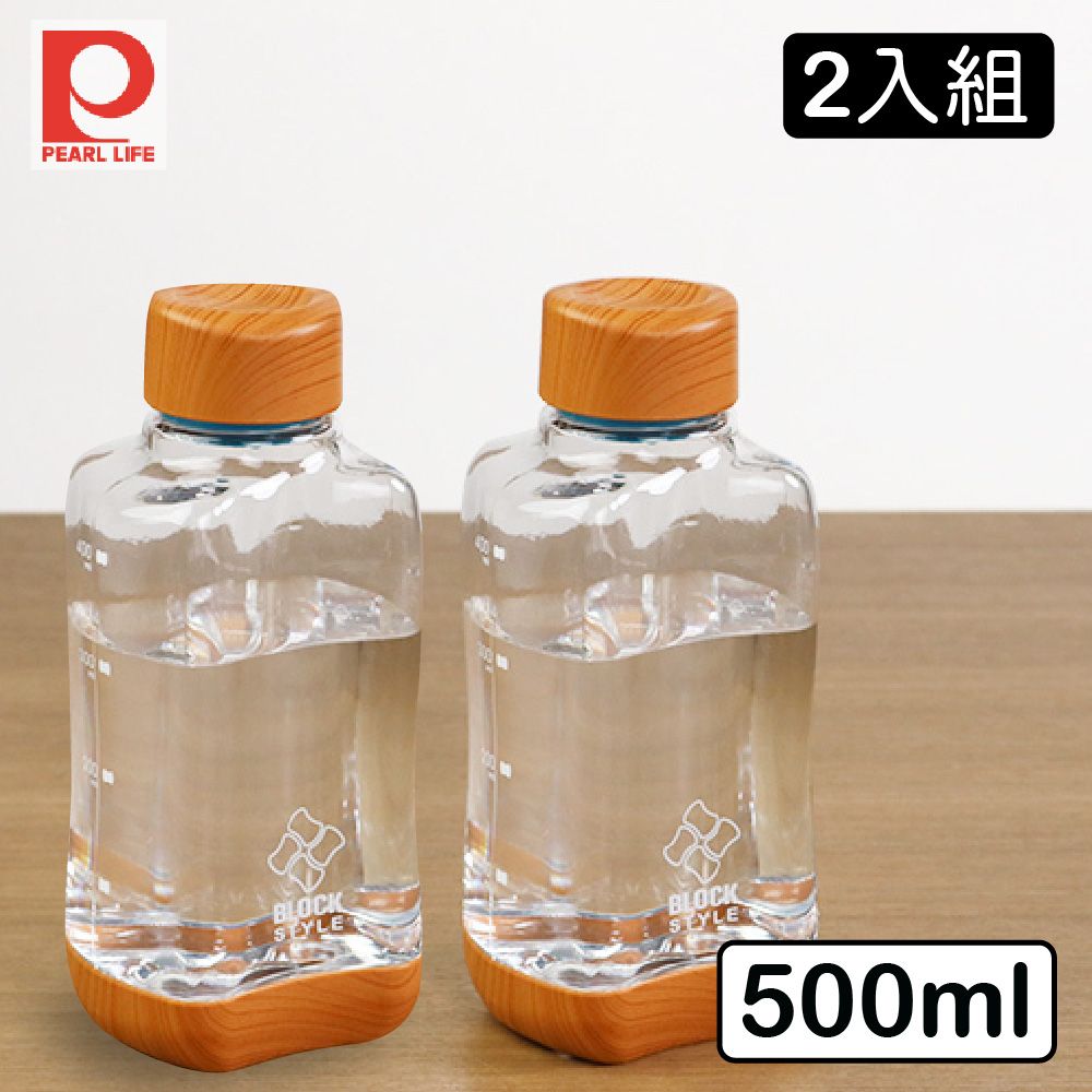  【Pearl Life】日本珍珠金屬 木紋蓋透明隨身水瓶 500ml 附刻度 超值2件組 檸檬水 冷泡茶 運動戶外