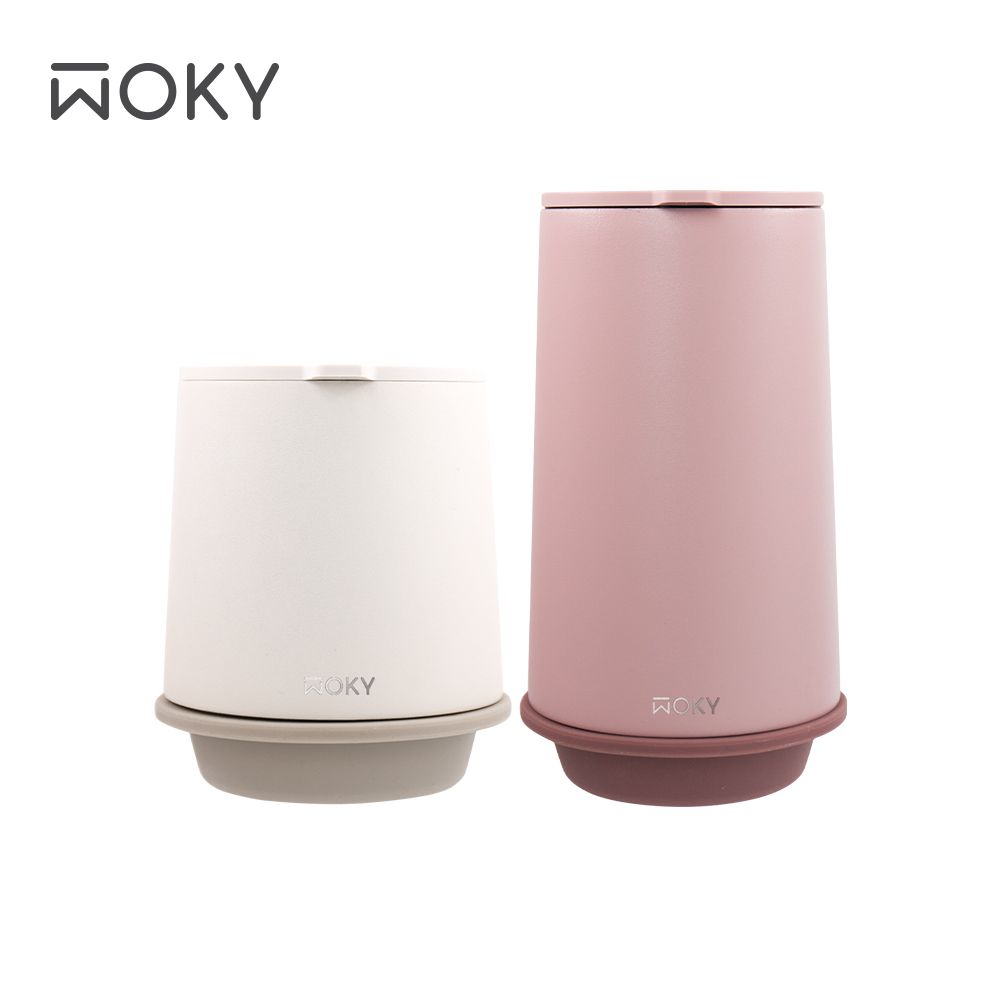  【WOKY 沃廚】360輕芯鈦瓷易潔層單蓋保溫杯250ml(帽子杯-附密封蓋)-橡白+500ml黛粉