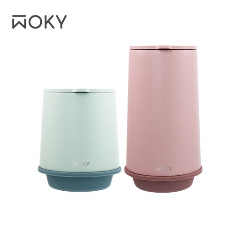 【WOKY 沃廚】360輕芯鈦瓷易潔層單蓋保溫杯250ml(帽子杯-附密封蓋)-水淺綠+500ml黛粉