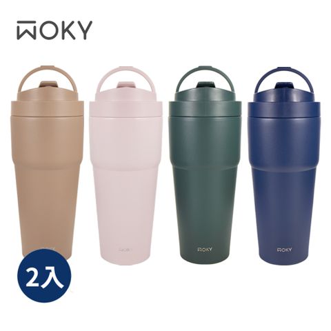 WOKY 沃廚 渾圓杯-手提雙層陶瓷易潔層保溫杯750ml-2入組