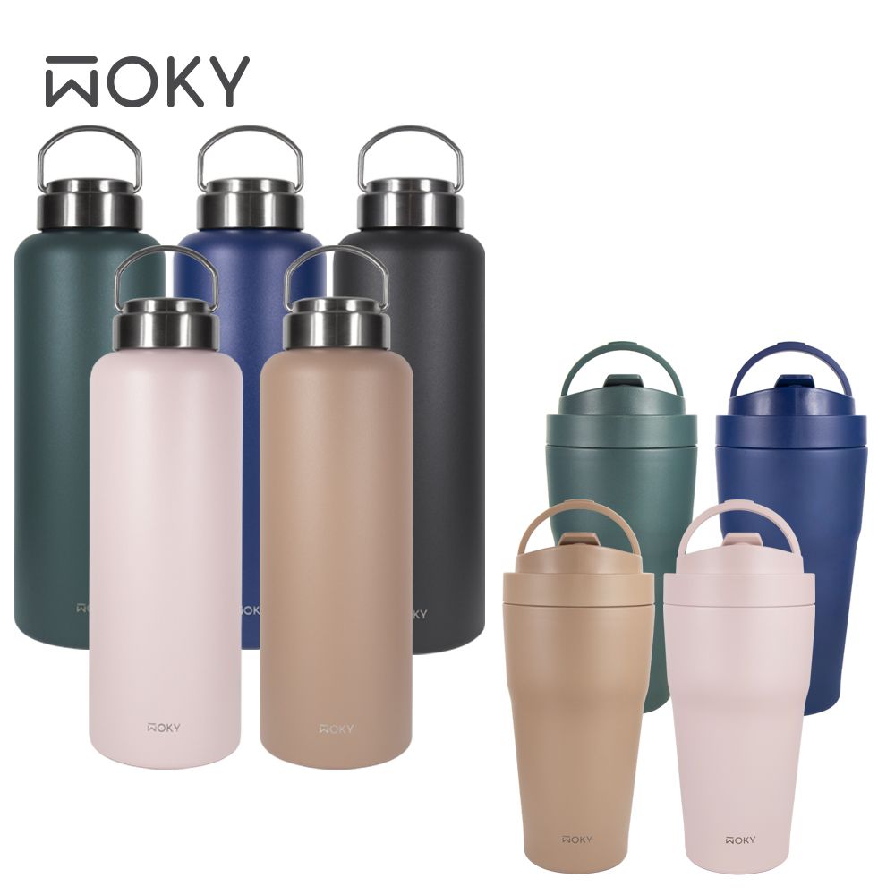 WOKY 沃廚 渾圓杯-雙層陶瓷 550ml+提手輕芯鈦瓷易潔層保溫瓶1200ML