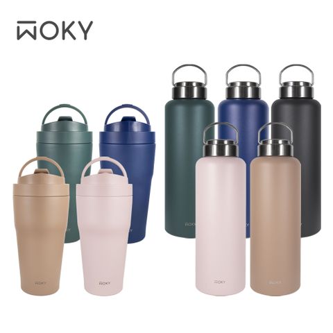 WOKY 沃廚 渾圓杯-雙層陶瓷 550ml+提手輕芯鈦瓷易潔層保溫瓶1200ML