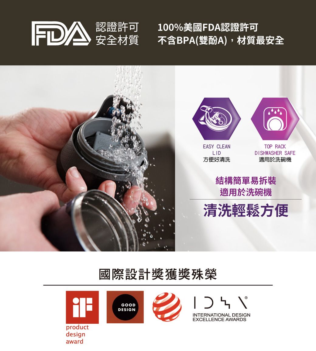 FDA 認證許可100%美國FDA認證許可安全材質不含BPA(雙酚A),材質最安全productdesignawardEASY CLEANLID方便好清洗TOP RACKDISHWASHER SAFE適用於洗碗機結構簡單易拆裝適用於洗碗機清洗輕鬆方便國際設計獎獲獎殊榮GOODDESIGNINTERNATIONAL DESIGNEXCELLENCE AWARDS