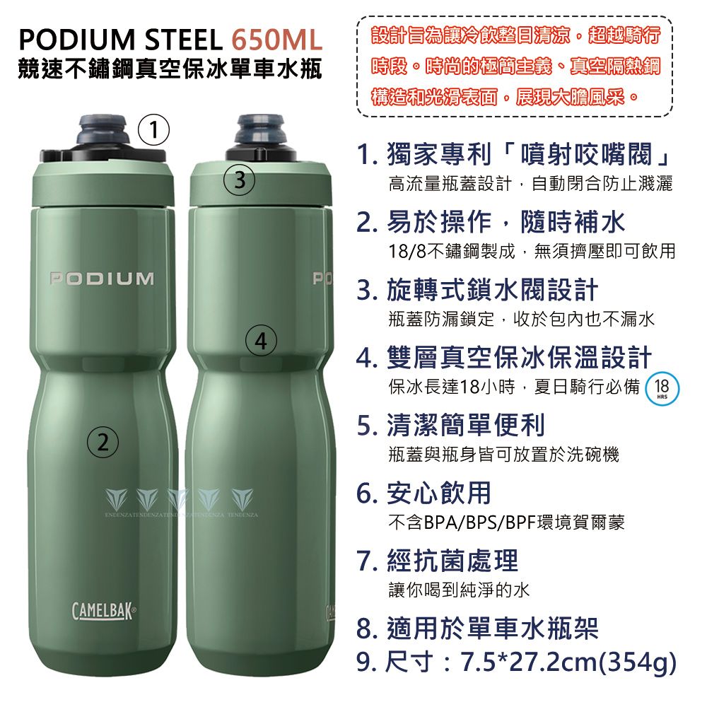 DIUM STEEL 650ML競速不鏽鋼真空保冰單車水瓶1PODIUM23 TENDENZA4PO設計為讓冷飲清涼超越騎行時段時尚的極簡主義真空隔熱鋼構造和光滑表面。展現大膽風采。1. 獨家專利「噴射咬嘴閥」高流量瓶蓋設計,自動閉合防止濺灑2. 易於操作,隨時補水18/8不鏽鋼製成,無須擠壓即可飲用3. 旋轉式鎖設計瓶蓋防漏鎖定,收於包內也不漏水4. 雙層真空保冰保溫設計保冰長達18小時,夏日騎行必備(185. 清潔簡單便利瓶蓋與瓶身皆可放置於洗碗機6. 安心飲用HRSCAMELBAK不含BPA/BPS/BPF環境賀爾蒙7. 經抗菌處理讓你喝到純淨的水8. 適用於單車水瓶架9. 尺寸:7.5*27.2cm(354g)