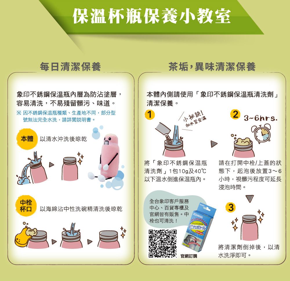 保溫杯瓶保養小教室每日清潔保養茶垢,異味清潔保養象印不銹鋼內層為防沾塗層,容易清洗,不易殘留髒污、味道※因不銹鋼保溫瓶種類、生產地不同,部分型號無法完水洗,請詳閱說明書。。本體以清水沖洗後晾乾小祕訣!本體內側請使用「象印不銹鋼保溫瓶清洗劑」清潔保養。加水至全滿3~6hrs.將「象印不銹鋼保溫瓶清洗劑」1包10g及40℃以下倒進保溫瓶內。中杯口 以海綿沾中性洗碗精清洗後晾乾全台象印客戶服務中心、百貨專櫃及官網皆有販售。中也可清洗!請在打開中栓/上蓋的狀態下,起泡後放置3~6小時,視髒污程度可延長浸泡時間。將清潔劑倒掉後,以清官網訂購水洗淨即可。