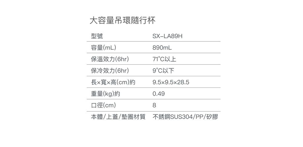 大容量吊環隨行杯型號SX-LA8H容量(mL)890mL保溫效力(6hr)71°C以上保冷效力(6hr)9°C以下長x寬x高(cm)約9.5x9.5x28.5重量(kg)約0.49口徑(cm)8本體/上蓋/墊圈材質 不銹鋼SUS304/PP/矽膠