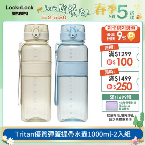 【樂扣樂扣】Tritan優質彈蓋提帶水壺1000ml(1A01-ABF533)-2入組