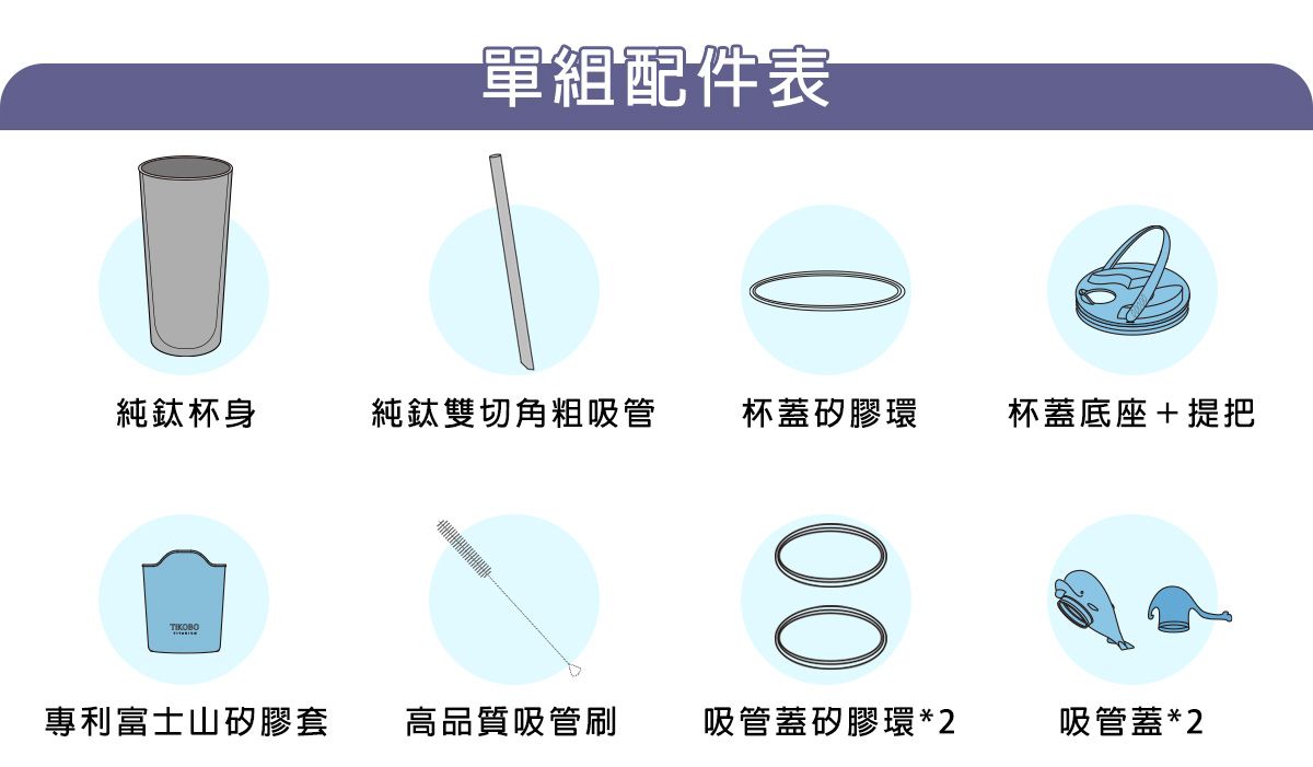 單組配件表純鈦杯身純鈦雙切角粗吸管杯蓋矽膠環杯蓋底座+提把00專利富士山矽膠套高品質吸管刷吸管蓋矽膠環*2吸管蓋*2