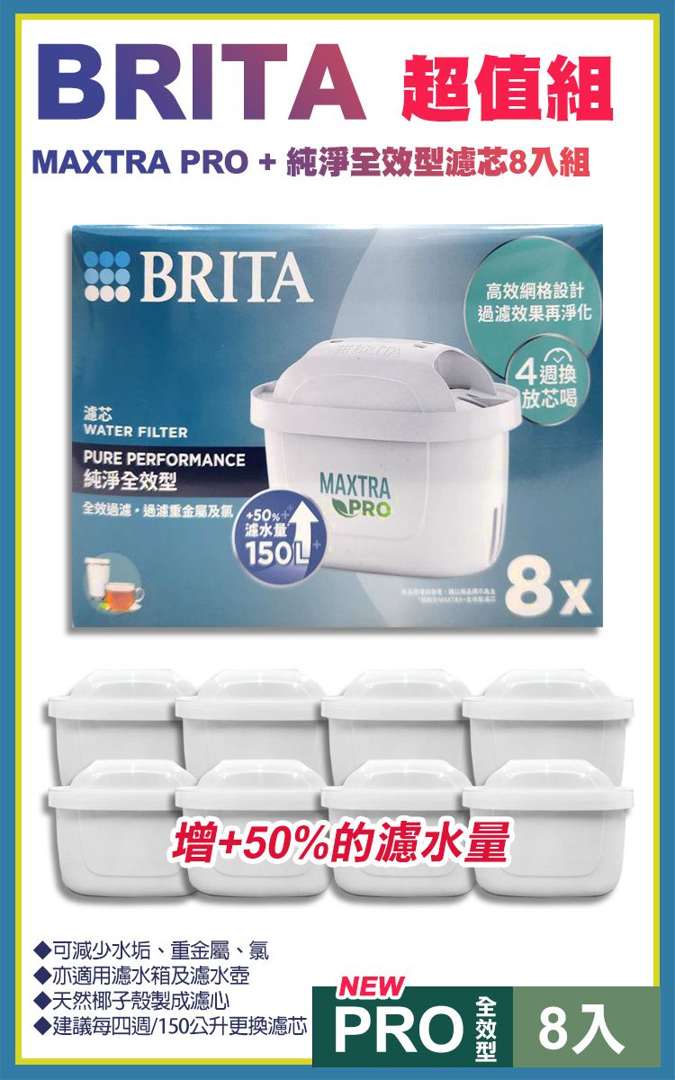 BRITA 超值組 PRO + 純淨效型濾芯8入組 BRITA高效網格設計效果再淨化週換放芯喝濾芯WATER FILTERPURE PERFORMANCE純淨效型MAXTRA全效過濾過重金屬及/+50%+量PRO150LMAXTRA8x增+50%的濾水量可減少水垢、重金屬、氯亦適用濾水箱及濾水壺天然椰子殼製成濾心▶建議每四週/150公升更換濾芯NEWPRO 8入