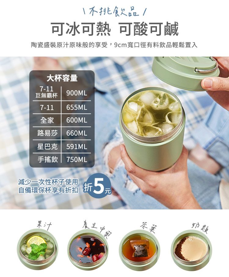 不飲品可冰可熱 可酸可鹹陶瓷盛裝原汁原味般的享受,9cm寬口徑有料飲品輕鬆置入大杯容量7-11900ML巨無霸杯7-11全家655ML600ML路易莎  660ML星巴克 591ML手搖飲 7ML減少一次性杯子使用自備環保杯50果汁奶類茶葉