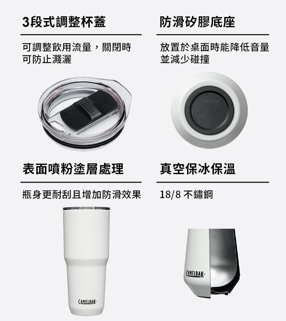 3段式調整杯蓋防滑矽膠底座可調整飲用流量,關閉時可防止濺灑放置於桌面時能降低音量並減少碰撞表面噴粉塗層處理真空保冰保溫瓶身更耐刮且增加防滑效果18/8不鏽鋼CAELBAKCAMELBAK M