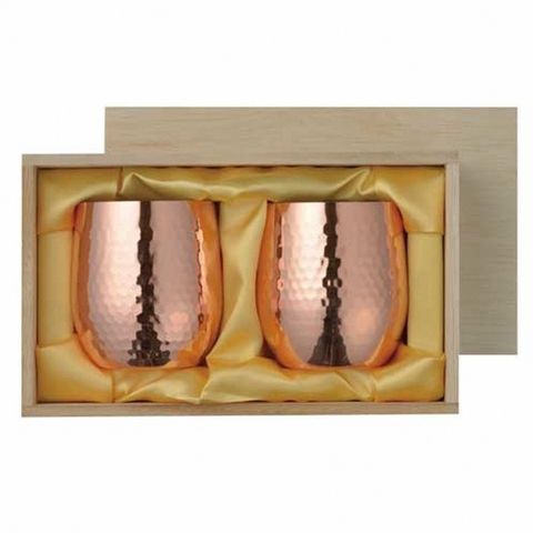 【ASAHI 食樂工房】日本製 純銅槌目 酒杯 桐木禮盒(340ml 2入禮盒組)