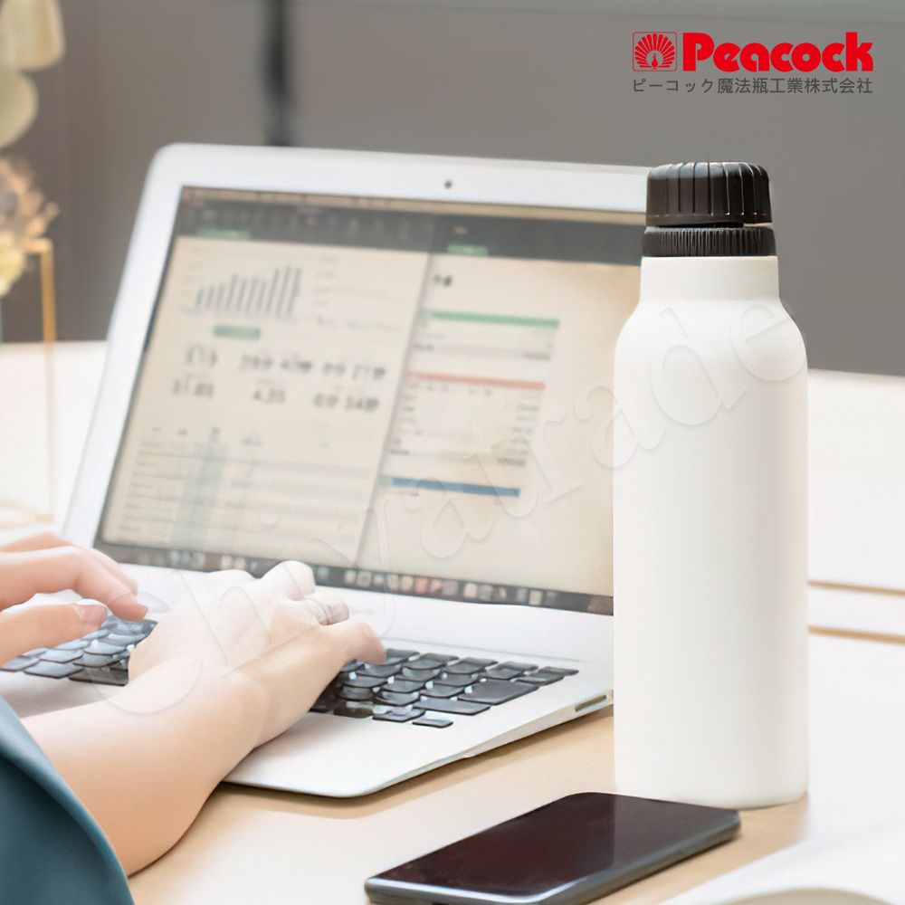Peacock 日本孔雀 氣泡水 汽水 碳酸飲料 專用 316不鏽鋼保溫杯800ML-雪灰白(抗菌加工)