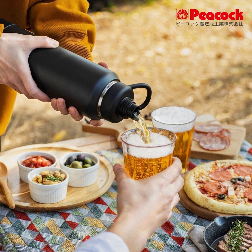 Peacock 日本孔雀 戶外手提式 氣泡水 汽水 碳酸飲料 啤酒杯 316不鏽鋼保溫杯1200ML(防撞底座)-磨砂黑/軍綠