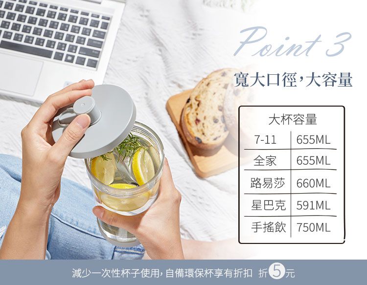 Paint 3寬大口徑,大容量大杯容量7-11655ML全家 655ML路易莎 660ML星巴克 591ML手搖飲 7ML減少一次性杯子使用,自備環保杯享有折扣 折50