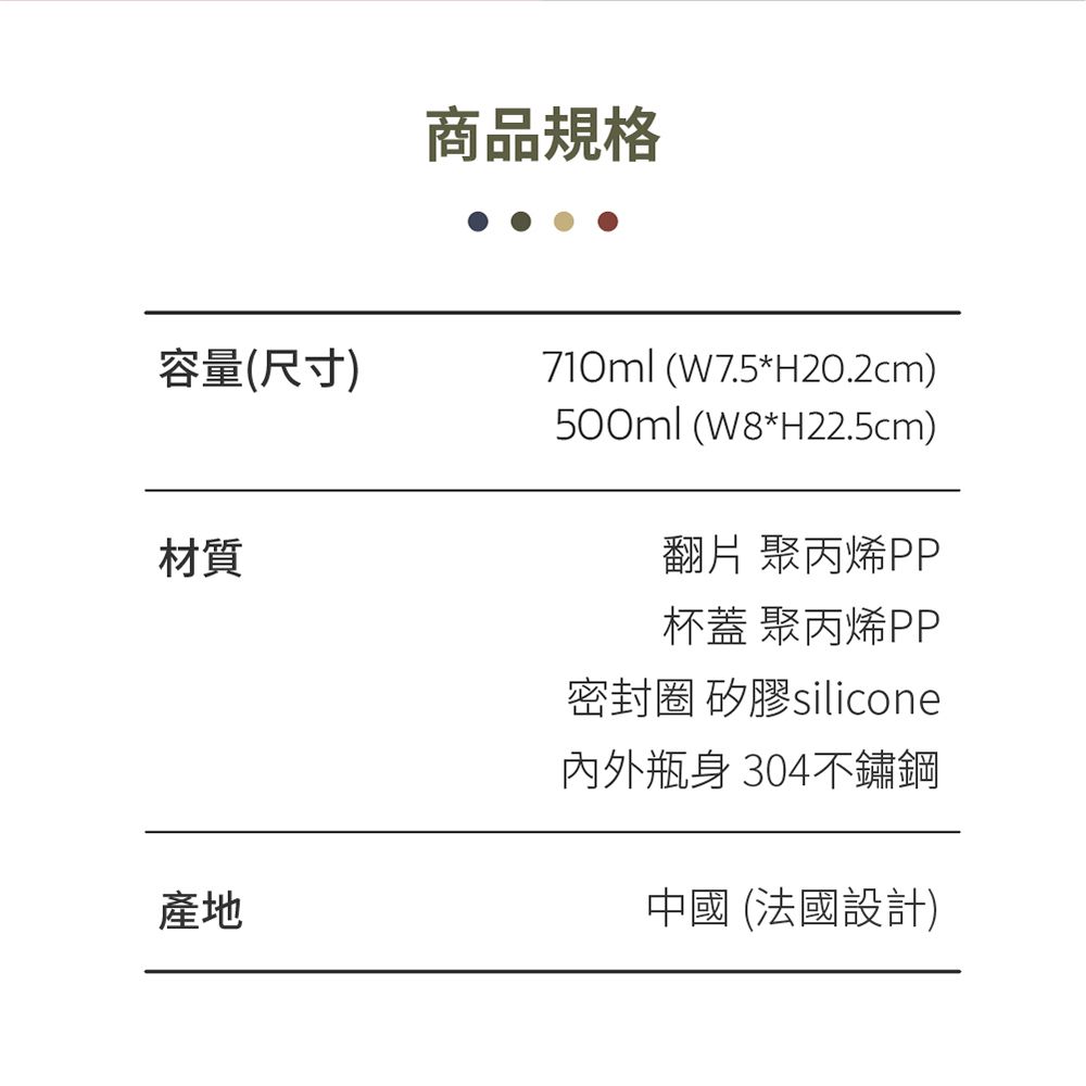 商品規格容量(尺寸)710ml (W7.5*H2O.2cm)材質產地500ml(*H22.5cm)翻片 聚丙烯PP杯蓋 聚丙烯PP密封圈 矽膠silicone內外瓶身 304不鏽鋼中國(法國設計)