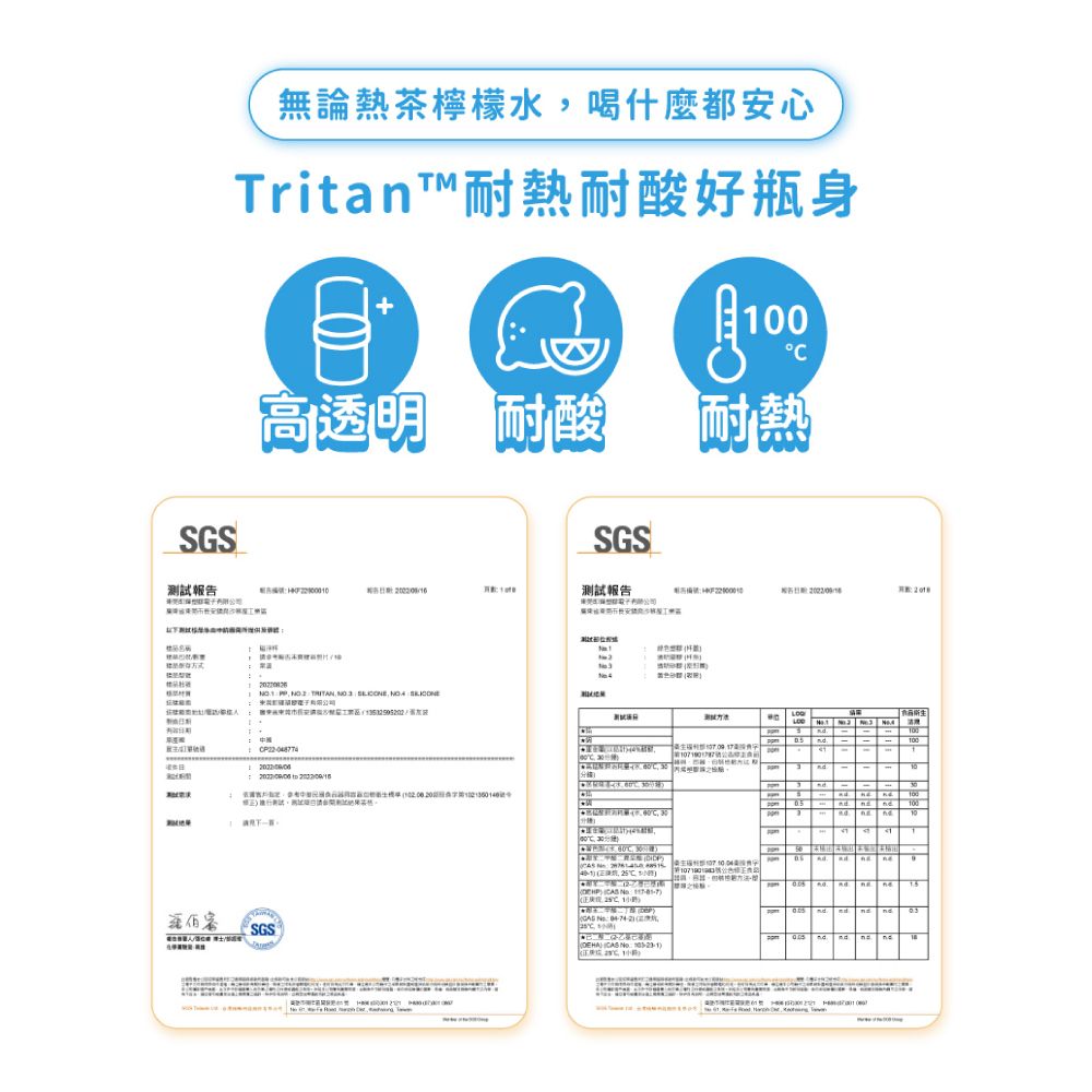 SGS無論熱茶檸檬水喝什麼都安心Tritan耐熱耐酸好瓶身高透明耐酸SGS耐熱報告測試報告           測試,SGS    10010