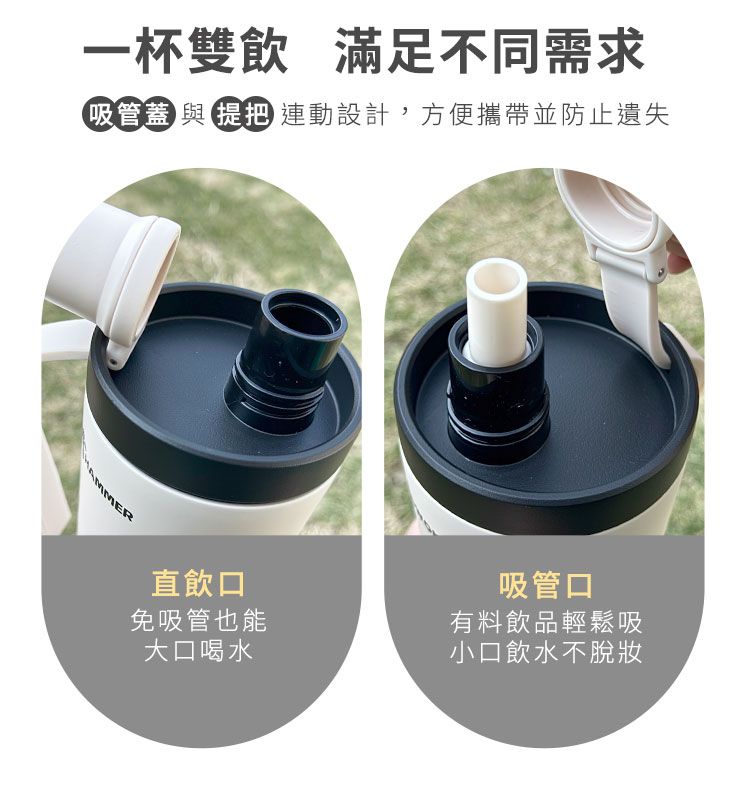 一杯雙飲 滿足不同需求吸管蓋與提動設計,方便攜帶並防止遺失AMMER直飲口免吸管也能大口喝水吸管口有料飲品輕鬆吸小口飲水不脫妝