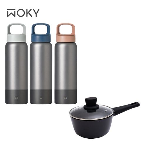 WOKY 沃廚 純鈦Ti提手運動保溫瓶800ML+花崗岩萬用不沾鍋-16cm奶鍋