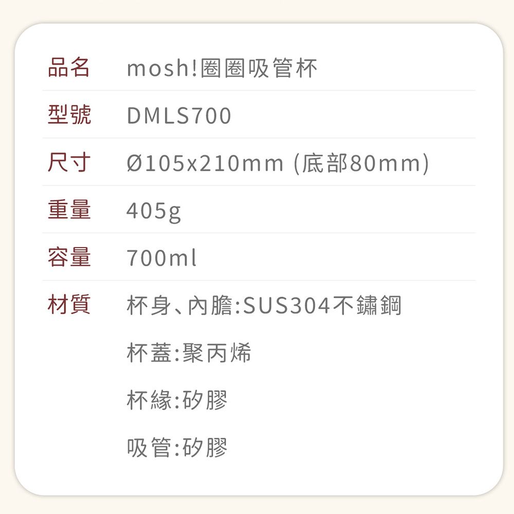 品名型號尺寸重量mosh!圈圈吸管杯DMLS700Ø105x210mm(底部80mm)405g容量 700ml材質杯身、內膽:SUS304不鏽鋼杯蓋:聚丙烯杯緣:矽膠吸管:矽膠
