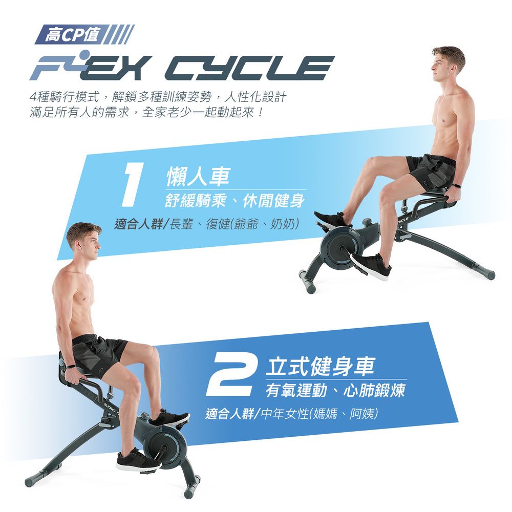 高CP值 CYCLE4種騎行模式,解鎖多種訓練姿勢,人性化設計滿足所有人的需求,全家老少一起動起來! 懶人車舒緩騎乘、休閒健身適合人群/長輩、復健(爺爺、奶奶)2立式健身車有氧運動、心肺鍛煉適合人群/中年女性(媽媽、阿姨)