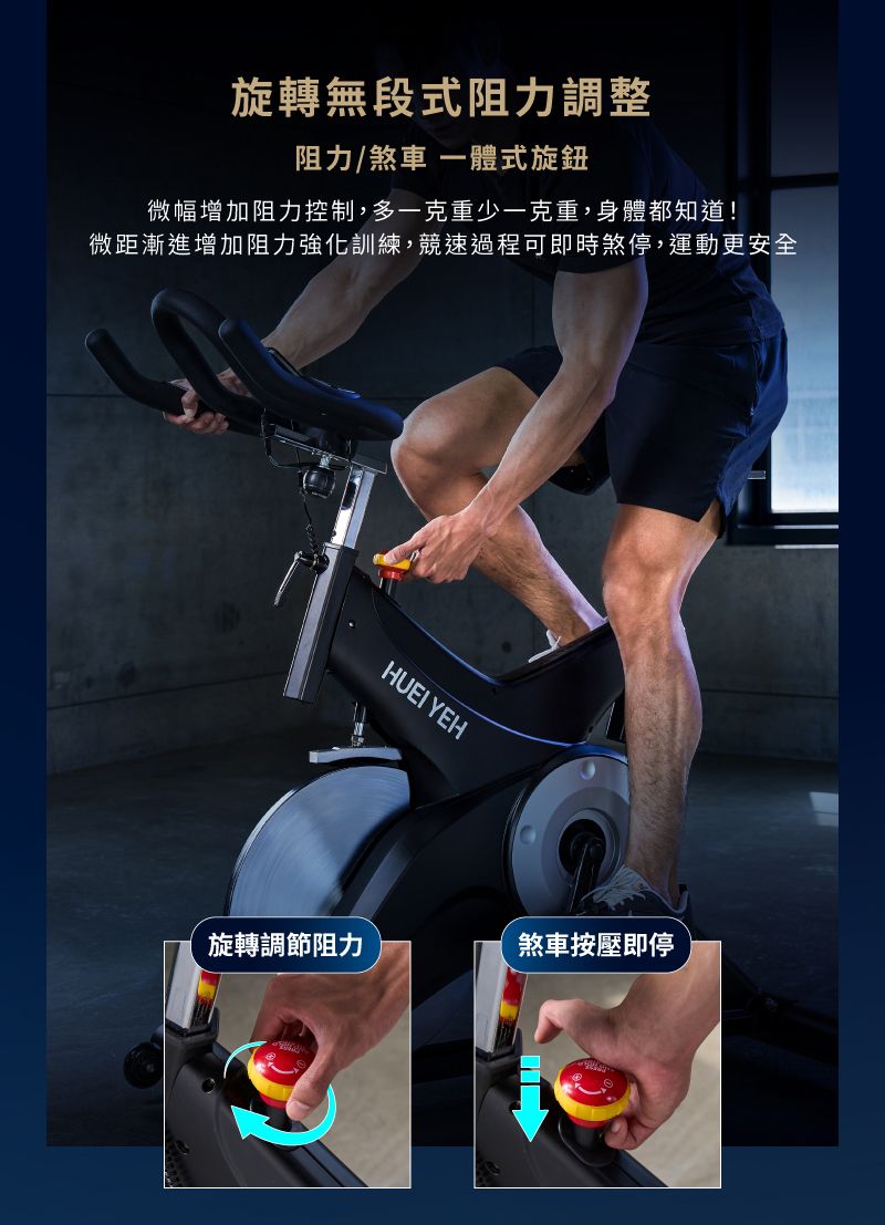 旋轉無段式阻力調整阻力/煞車 一體式旋鈕微幅增加阻力控制,多一克重少一克重,身體都知道!微距漸進增加阻力強化訓練,競速過程可即時煞停,運動更安全HUEI YEH旋轉調節阻力煞車按壓即停