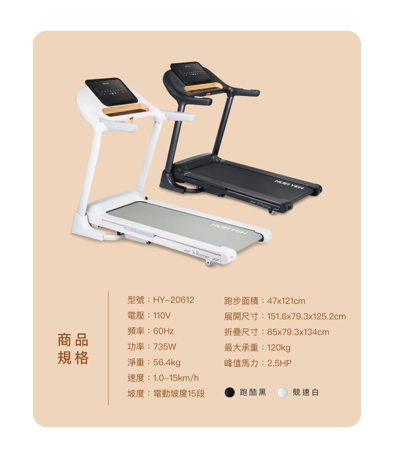 YEH YEH型號:HY-20612跑步面積:47x121cm電壓:110V展開尺寸:151.6x79.3x125.2cm頻率:60Hz折疊尺寸:85x79.3x134cm商品功率:735W最大承重:120kg規格淨重:56.4kg峰值馬力:2.5HP速度:/h坡度:電動坡度15段跑酷黑競速白