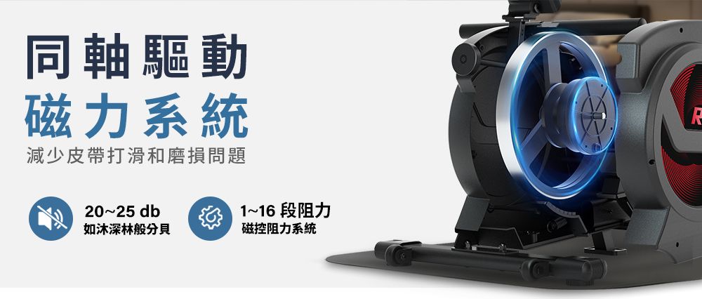 同軸驅動磁力系統減少皮帶打滑和磨損問題20~25db1~16 段阻力如深林分貝磁控阻力系統R