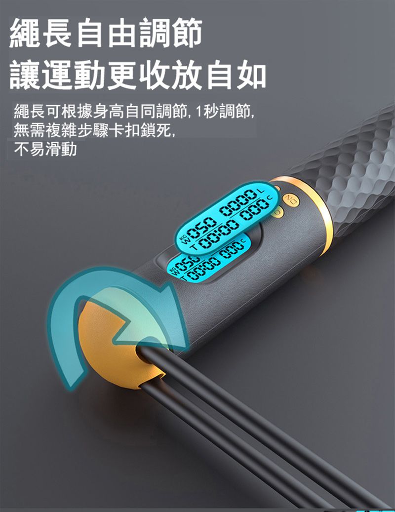繩長自由調節讓運動更收放自如繩長可根據身高自同調節,1秒調節,無需複雜步驟卡扣鎖死,不易滑動 000000:00 000