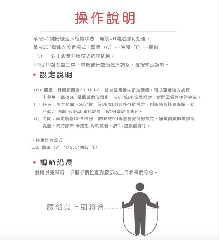 操作說明單按ON鍵開機進入待機狀態,再按ON鍵返回初始值,單按SET鍵進入設定模式,體重(W時間(T)--數(L)--退出設定四種模式依序切換。UP和DN鍵在設定中,單按進行數值依序調整,長按快速調整。設定說明(W) 體重:體重範圍為20-110KG,首次使用請先設定體重,可以更精確的換算卡路里,單按SET鍵體重數值閃動,按UP或DN調整設定,斷開電源恢復初始值。(T) 時間:設定範圍1-60分鐘,依UP或DN調整倒數設定,倒數歸零蜂鳴提醒,同時顯示 數 卡路里消耗數值,按ON鍵數值清除。(L) 時間:設定範圍10-999圈,依UP或DN調整圈數倒數設定,圈數倒數歸零蜂鳴提醒,同時顯示 卡路里消耗數值,按ON鍵數值清除。卡路里計算公式:CAL=體重(W) *1/535*圈數(L)調節繩長雙腳併攏踩繩,手握手柄拉直到腰部以上代表長度符合。腰部以上即符合