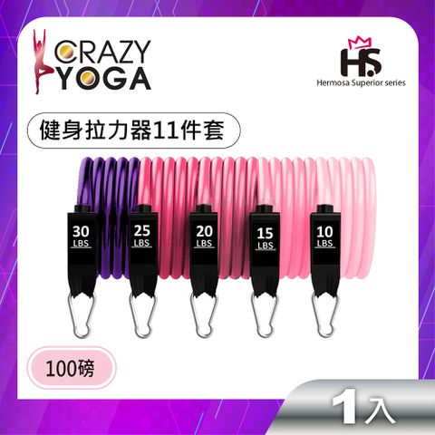 【Crazy yoga】粉出色系列-健身拉力器11件套裝組(女版漸變)(100磅)(矽膠柄)/阻力帶/彈力帶/拉力繩/臂力訓練