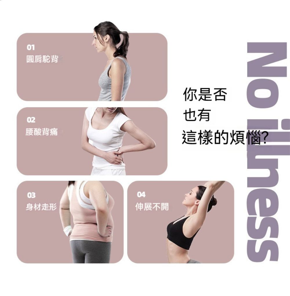 01圓肩駝背02腰酸背痛你是否也有這樣的煩惱?04身材走形伸展不開03No