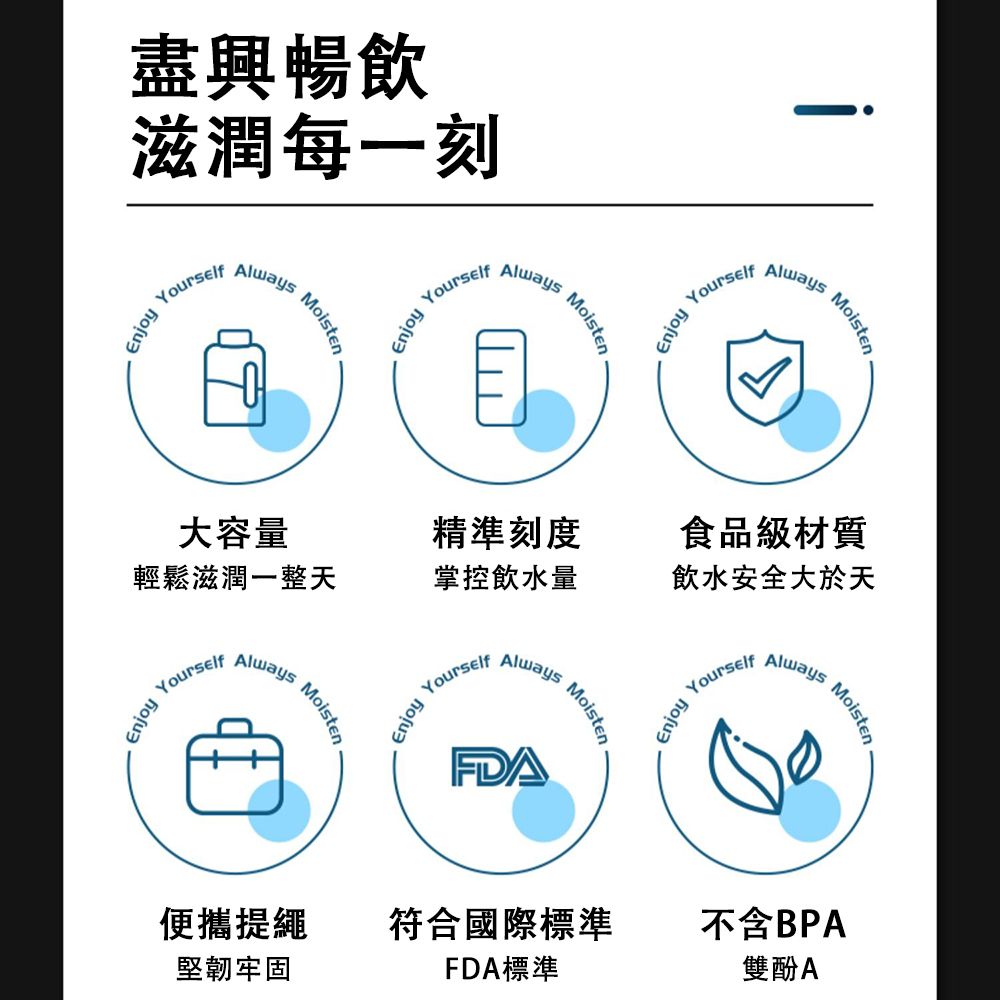 盡興暢飲滋潤每一刻 AlwaysEnjoy AlwaysEnjoyfAlwaysMoisten輕鬆滋潤一整天大容量Enjoy lAlways掌控飲水量精準刻度MoistenEnjoy YourYourselfAlways飲水安全大於天食品級材質FDAMoistenEnjoy YourseAlwaysMoisten便攜提繩符合國際標準不含BPA堅韌牢固FDA標準雙酚A