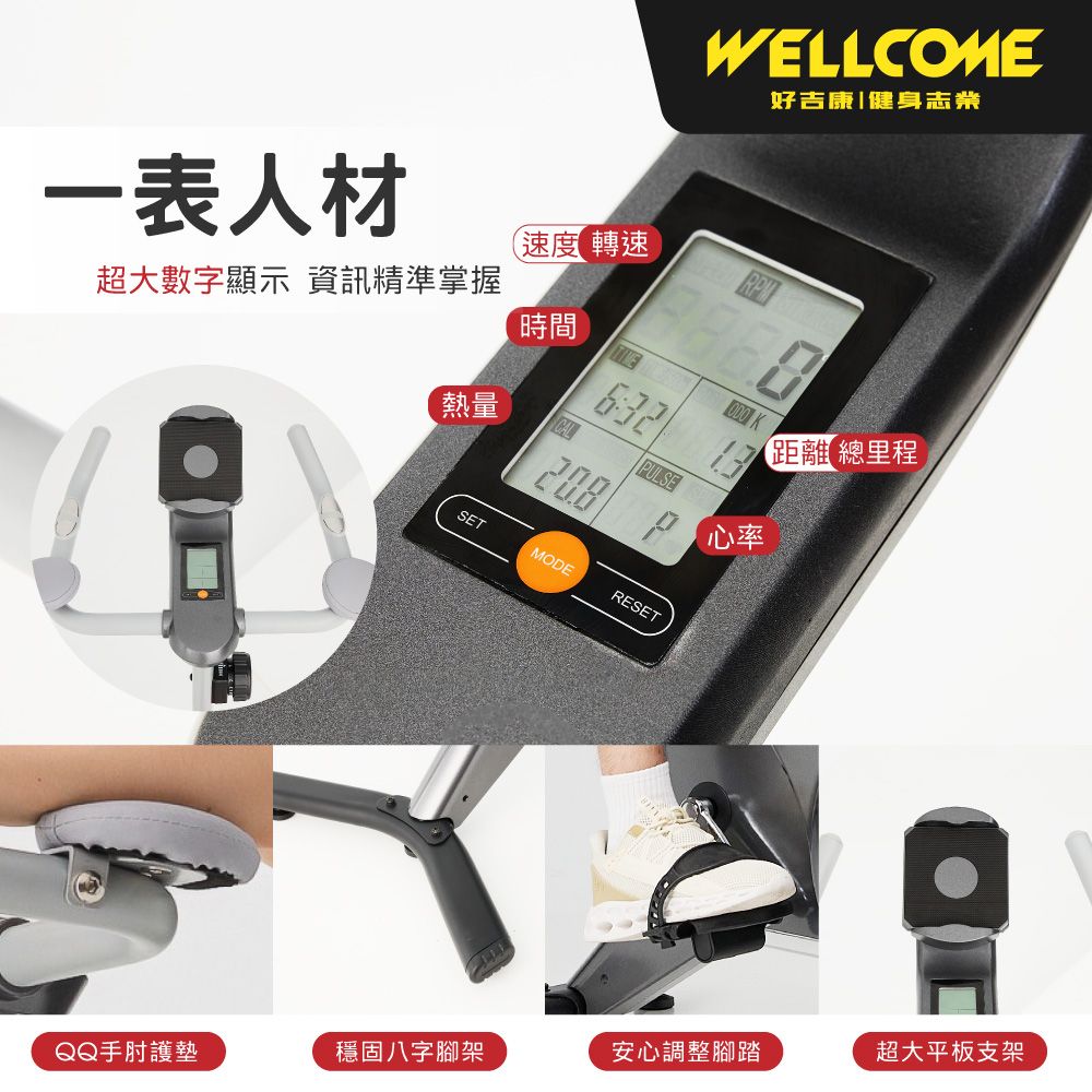 一表人材超大數字顯示資訊精準掌握WELLCOME好吉康|健身志業速度 轉速熱量時間CAL208PULSE K心率SETMODERESET距離總里程10QQ手肘護墊穩固八字腳架安心調整腳踏超大平板支架