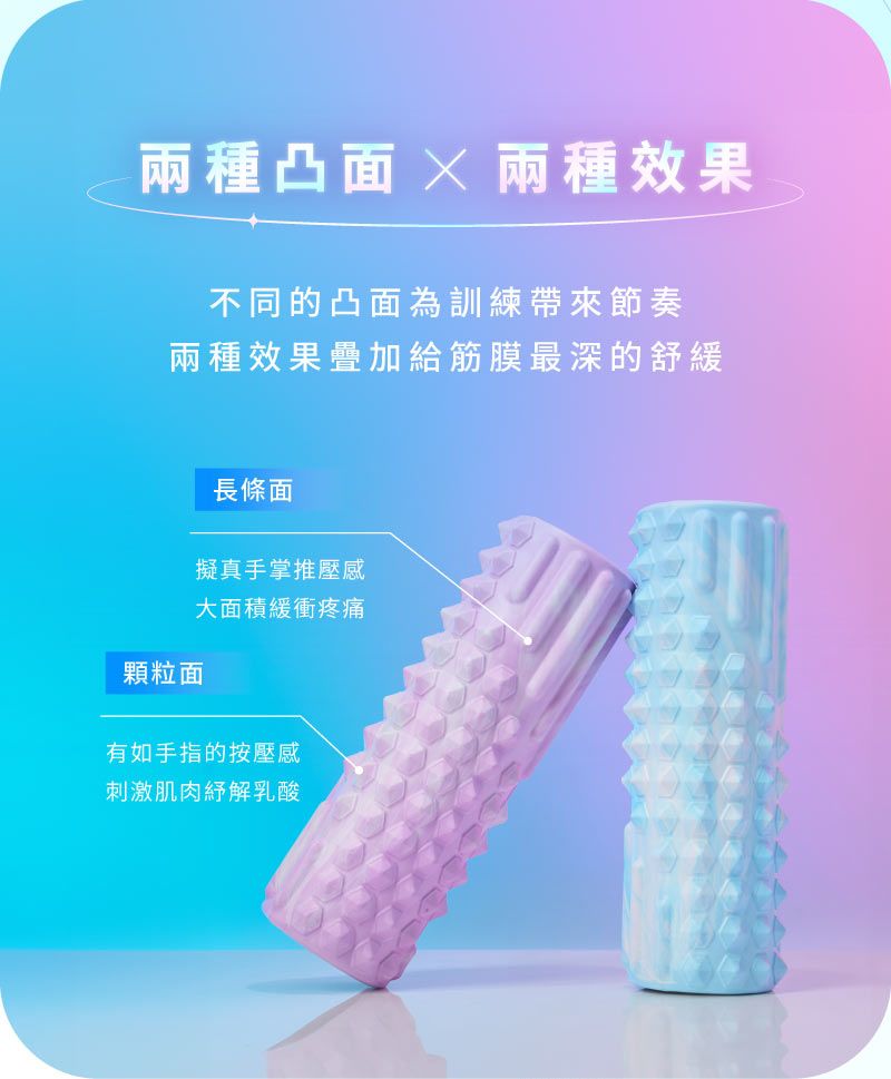 兩種凸面兩種效果不同的凸面為訓練帶來節奏兩種效果疊加給筋膜最深的舒緩顆粒面長條面擬真手掌推壓感大面積緩衝疼痛有如手指的按壓感刺激肌肉紓解乳酸