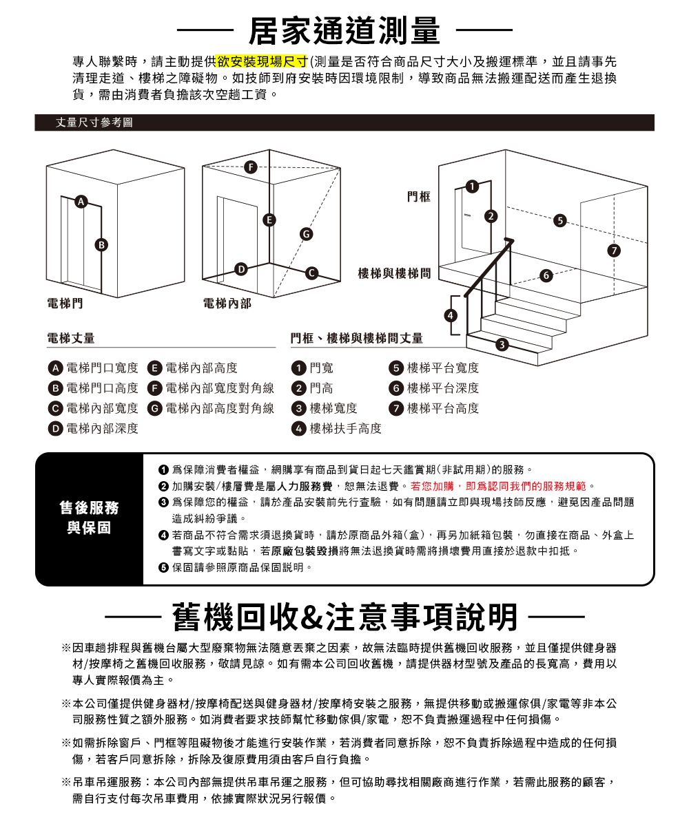 居家通道測量專人聯繫時主動提供欲安裝現場尺寸(測量是否符合商品尺寸大小及搬運標準,並且請事先清理走道、樓梯之障礙物。如技師到府安裝時環境限制,導致商品無法搬運配送而產生退換貨,需由消費者負擔該次空趟工資。丈量尺寸參考圖門框樓梯與樓梯間電梯門電梯內部電梯丈量門框、樓梯與樓梯間丈量 電梯門口電梯內部高度 門寬 樓梯平台寬度 電梯門口高度電梯內部寬度對角線 門高 樓梯平台深度 電梯內部寬度 電梯內部高度對角線 樓梯寬度 樓梯平台高度 電梯內部深度樓梯扶手高度售後服務與保固 保障消費者權益,網購享有商品到貨日起七天鑑賞期(非試用期)的服務。 加購安裝/樓層費是屬人力服務費,恕無法退費。若您加購,認同我們的服務規範。 為保障您的權益,請於產品安裝前先行查驗,如有問題請立即與現場技師反應,避免因產品問題造成糾紛爭議。 若商品不符合需求須退換貨時,請於原商品外箱(盒),再另加紙箱包裝,勿直接在商品、外盒上書寫文字或黏貼,若原廠包裝毀損將無法退換貨時需將損壞費用直接於退款中扣抵。 保固請參照原商品保固說明。舊機回收&注意事項說明※因車趟排程與舊機台屬大型廢棄物無法隨意之因素,故無法臨時提供舊機回收服務,並且僅提供健身器材/按摩椅之舊機回收服務,敬請見諒。如有需本公司回收舊機,請提供器材型號及產品的長寬高,費用以專人實際報價為主。※本公司僅提供健身器材/按摩椅配送與健身器材/按摩椅安裝之服務,無提供移動或搬運傢俱/家電等非本公司服務性質之額外服務。如消費者要求技師幫忙移動傢俱/家電,恕不負責搬運過程中任何損傷。※如需拆除窗戶、門框等阻礙物後才能進行安裝作業,若消費者同意拆除,恕不負責拆除過程中造成的任何損傷,若客戶同意拆除,拆除及復原費用須由客戶自行負擔。※吊車吊運服務本公司內部無提供吊車吊運之服務,但可協助尋找相關廠商進行作業,若需此服務的顧客,需自行支付每次吊車費用,依據實際狀況另行報價。