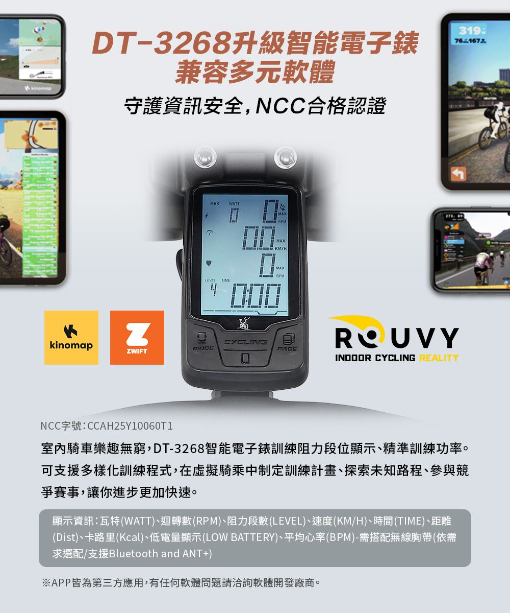 DT-3268升級智能電子錶兼容多元軟體守護資訊安全,NCC合格認證31976167MAX WATTMAXMAXLEVEL TIMEBPMkinomapZWIFTPAGEINDOOR CYCLING REALITYNCC字號:CCAH25Y10060T1室內騎車樂趣無窮,DT-3268智能電子錶訓練阻力段位顯示、精準訓練功率。可支援多樣化訓練程式,在虛擬騎乘中制定訓練計畫、探索未知路程、參與競爭賽事,讓你進步更加快速。顯示資訊:瓦特(WATT)、迴轉數(RPM)、阻力段數(LEVEL)、速度(KM/H)、時間(TIME)、距離(Dist)、卡路里(Kcal)、低電量顯示(LOW BATTERY)、平均心率(BPM)-需搭配無線胸帶(依需求選配/支援Bluetooth and ANT+)※APP皆為第三方應用,有任何軟體問題請洽詢軟體開發廠商。