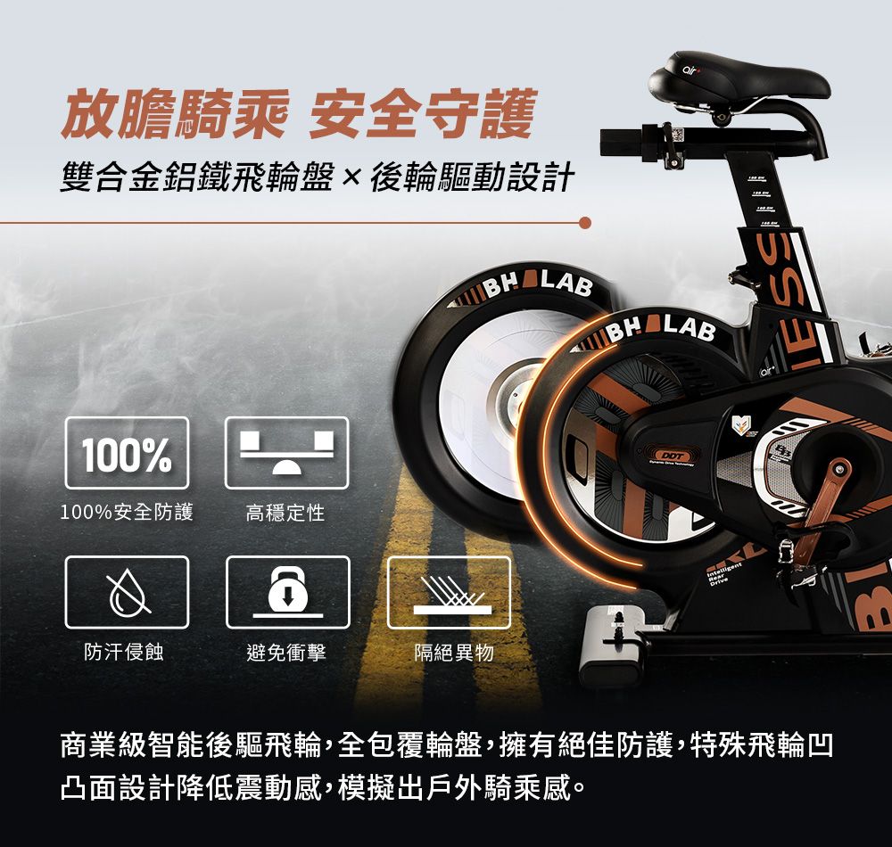 放膽騎乘 安全守護雙合金鋁鐵飛輪盤後輪驅動設計100%100%安全防護高穩定性防汗侵蝕避免衝擊隔絕異物BHLABBHLAB商業級智能後驅飛輪,全包覆輪盤,擁有絕佳防護,特殊飛輪凹凸面設計降低震動感,模擬出戶外騎乘感。