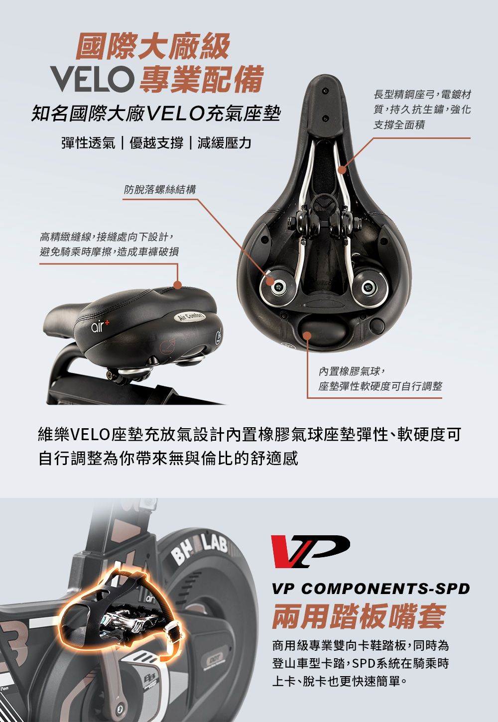 國際大廠級VELO 專業配備知名國際大廠VELO充氣座墊彈性透氣優越支撐|減緩壓力長型精鋼座弓,電鍍材質,持久抗生鏽,強化支撐全面積防脫落螺絲結構高精緻縫線,接縫處向下設計,避免騎乘時摩擦,造成車褲破損air Air 內置橡膠氣球,座墊彈性軟硬度可自行調整維樂VELO座墊充放氣設計內置橡膠氣球座墊彈性、軟硬度可自行調整為你帶來無與倫比的舒適感VP COMPONENTS-SPD兩用踏板嘴套商用級專業雙向卡鞋踏板,同時為登山車型卡踏,SPD系統在騎乘時上卡、脫卡也更快速簡單。