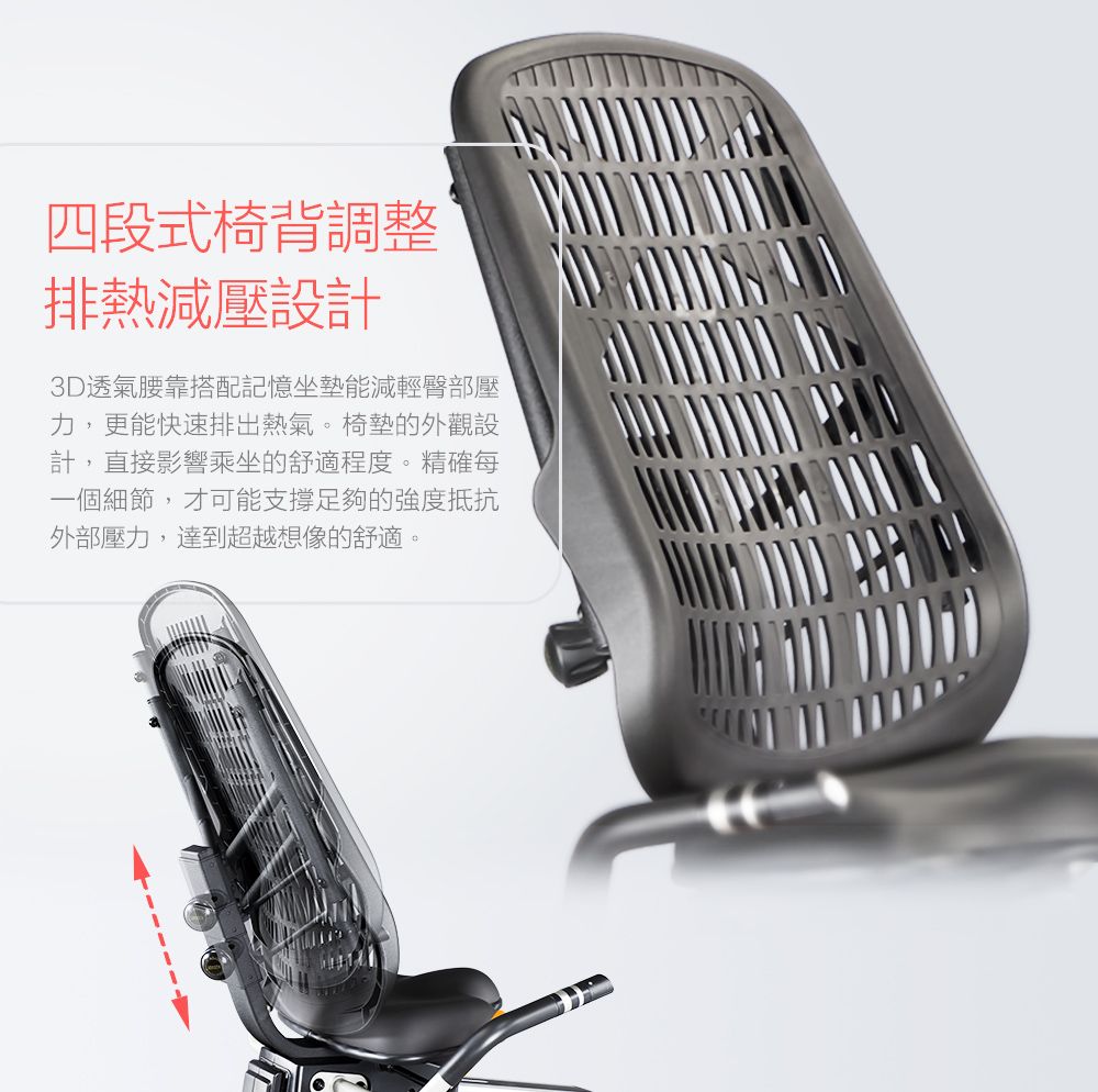 四段式椅背調整排熱減壓設計3D透氣腰靠搭配記憶坐墊能減輕臀部壓力,更能快速排出熱氣。椅墊的外觀設計,直接影響乘坐的舒適程度。精確每一個細節,才可能支撐足夠的強度抵抗外部壓力,達到超越想像的舒適。