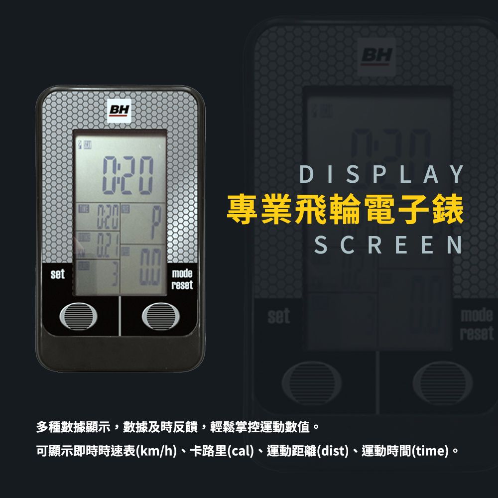 setBHBH020UCUDISPLAY專業飛輪電子錶moderesetsetSCREEN多種數據顯示,數據及時反饋,輕鬆掌控運動數值。可顯示即時時速表(km/h)、卡路里(cal)、運動距離(dist)、運動時間(time)。modereset