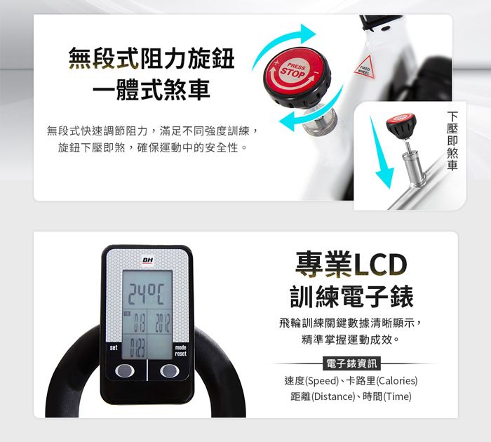 無段式阻力旋鈕一體式無段式快速調節阻力,滿足不同強度訓練,旋鈕煞,確保運動中的安全性。BH24 setPRESSSTOP下壓即煞車專業LCD訓練電子錶飛輪訓練關鍵數據清晰顯示,精準掌握運動成效。電子錶資訊速度(Speed)、卡路里(Calories)距離(Distance)、時間(Time)