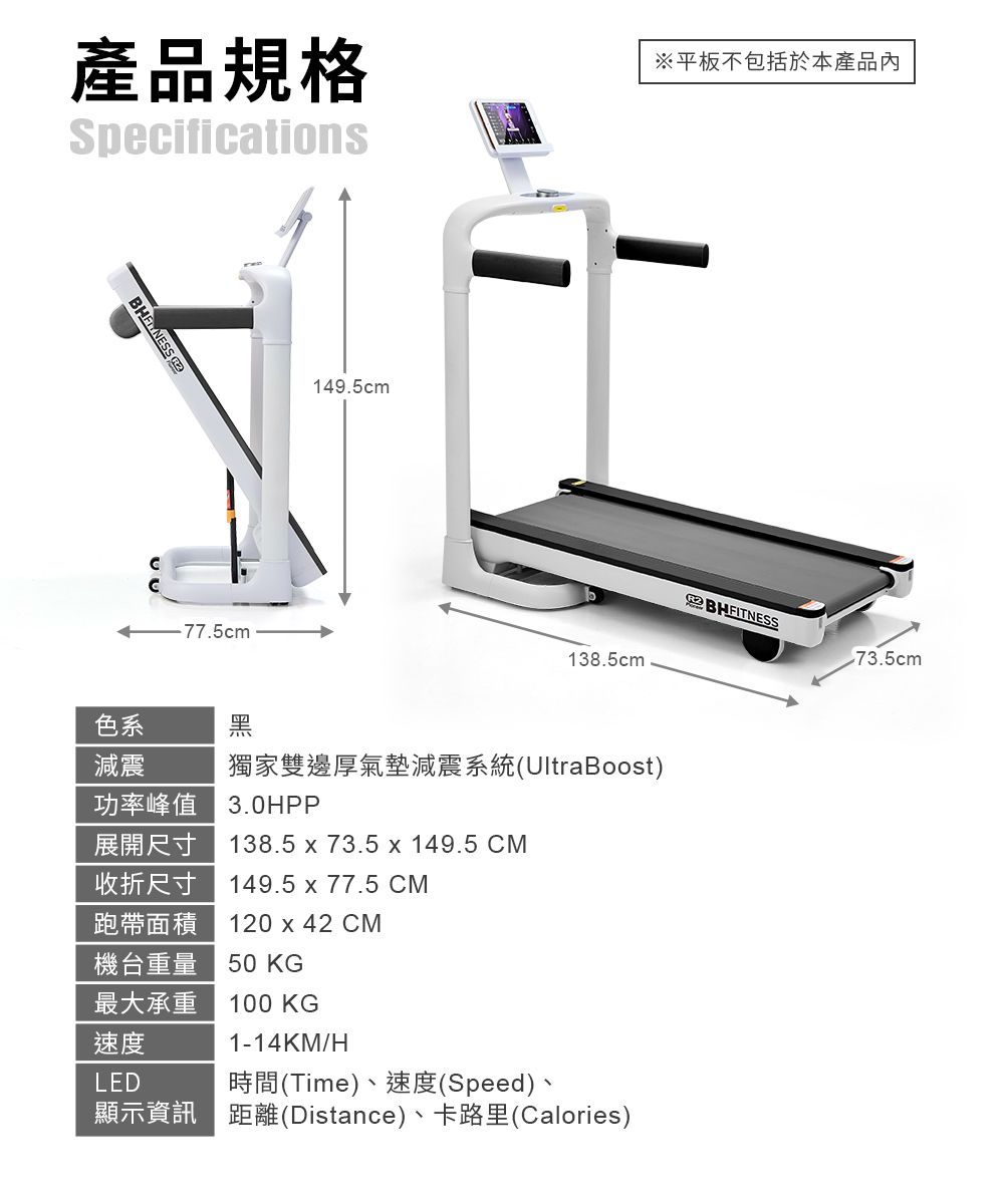 產品規格Specifications149.5cm※平板不包括於本產品內138.5cmBHFITNESS73.5cm色系黑減震功率峰值獨家雙邊厚氣墊減震系統(UltraBoost)3.0HPP展開尺寸138.5 x 73.5 x 149.5 CM收折尺寸149.5 x 77.5 CM跑帶面積120 x 42 CM機台重量50 KG最大承重速度LED100 KG1-14KM/H時間(Time)、速度(Speed)、顯示資訊 距離(Distance)、卡路里(Calories)