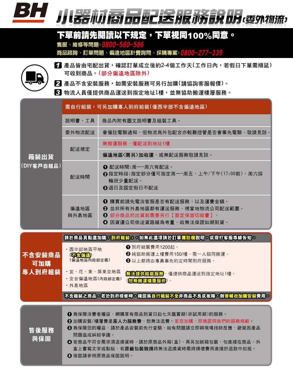 BH小器材商品配送服務物流,下單前先閱讀以下規定,下單視同00%同意。售服、維修等問題:0800-580-58商品諮詢、訂單問題、偏遠地區計費詢問、購專案:0800-7-97 產品皆由宅配出貨,確認訂單成立後約-個工作天(工作日內,若假日下單需順延可收到商品。(部分偏遠地區除外)2 產品不含安裝服務,如需安裝服務可另行加購(請協詢客服報價)。3 物流人員僅提供商品運送到指定地址1樓,並無協助搬運樓層服務。需自行裝,可另加購專人到府(僅不含偏遠地區)無搬運服務,僅配送到地址1樓、工具商品內附有圖文說明書及組裝工具。委外物流配送會備註電聯通知,但物流外包配合亦較難控管是否會事先電聯,敬請見諒。配送規定箱裝出貨(DIY客戶自組品)配送時間偏遠地區與外島地區偏遠地區需另加收運,或無配送服務敬請見諒。配送時間:周一~周六有配送。 指定時段:指定部分僅可指定周一~周五,上午/下午(17:00前),周六採輪班少量配送。 週日及國定假日不配送 購買前請先電洽客服是否有配送服務,以及運費金額。2 並非所有外島地區都有運送服務,視當地物流公司配送範圍。3 部分商品於出貨前需要另行簽定保固切結書4 貨運公司依送貨路線考量,故無法保證如期到貨。請於商品頁點選加購到府組裝,如無此選項請於訂單備註欄說明,或撥打客服專線告知。 到府組裝費用1200起。西半部地區不含安裝商品可加購(不含偏遠) 純協助搬運上樓費用150/樓,需一人協同搬運。(偏遠地區定義)以上都將由專員事先約定時間到府服務。專人到府組裝宜、花、東、屏東全地區全台偏遠地區(內政部定義)·外島地區無法提供組裝服務,僅提供商品運送到指定地址1樓。恕無搬運樓層服務)。不含組裝之商品,若於到府檢修時,確認爲自行組裝不全非商品不良或故障,則會補收加購安裝費用。售後服務與保固 保障消費者,網購享有商品到貨日起七天鑑賞期(非試用期)的服務。 加購安裝/樓層費是屬人力服務費,恕無法退費。若您加購,即為認同我們的服務規範。 為保障您的權益,請於產品安裝前先行查驗,如有問題請立即與現場技師反應,避免因產品問題造成糾紛爭議。 若商品不符合需求須退換貨時,請於原商品外箱(盒),再另加紙箱包裝,勿直接在商品、外盒上書寫文字或黏貼,若原廠包裝毀損將無法退換貨時需將損壞費用直接於退款中扣抵。6 保固請參照原商品保固說明。