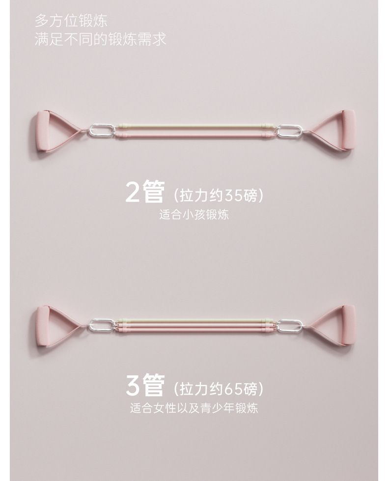 多方位锻炼满足不同的锻炼需求2(拉力约5磅)适合小孩锻炼3管(拉力约65磅)适合女性以及青少年锻炼