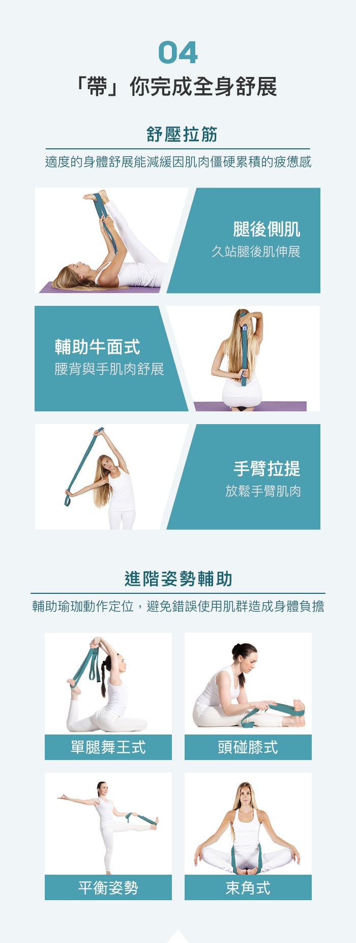 04帶你完成全身舒展舒壓拉筋適度的身體舒展能減緩因肌肉僵硬累積的疲憊感輔助牛面式腰背與手肌肉舒展腿後側肌久站腿後肌伸展手臂拉提放鬆手臂肌肉進階姿勢輔助輔助瑜珈動作定位,避免錯誤使用肌群造成身體負擔單腿舞王式頭碰膝式平衡姿勢束角式