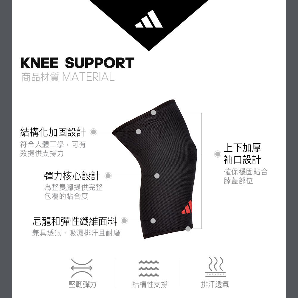 KNEE SUPPORT商品材質 MATERAL結構化加固設計符合人體工學,可有效提供支撐力彈力核心設計為整隻腳提供完整包覆的貼合度尼龍和彈性纖維面料兼具透氣、吸濕排汗且耐磨上下加厚袖口設計確保穩固貼合膝蓋部位堅韌彈力結構性支撐排汗透氣I