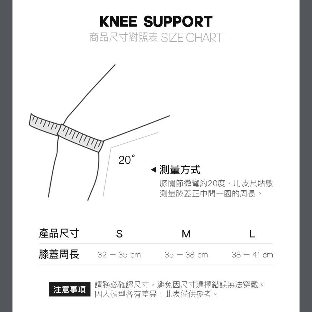 KNEE UPPORT商品尺寸對照表 SIZE CHART20◀ 測量方式膝關節微彎約20度,用皮尺貼敷測量膝蓋正中間一圈的周長。產品尺寸SML膝蓋周長32-35 cm35 - 38 cm38-41 cm注意事項請務必確認尺寸,避免因尺寸選擇錯誤無法穿戴。因人體型各有差異,此表僅供參考。