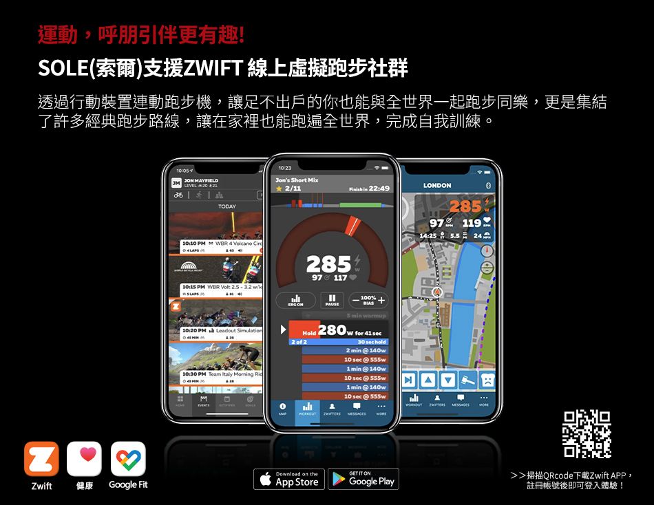 運動,呼朋引伴更有趣!SOLE(索爾)支援ZWIFT 線上虛擬跑步社群透過行動裝置連動跑步機,讓足不出戶的你也能與全世界一起跑步同樂,更是集結了許多經典跑步路線,讓在家裡也能跑遍全世界,完成自我訓練。Zwift健康Google Fit1:0  MAYFIELD  TODAY10:10 PM   Volcano 4 10:15 PM  Volt  wJons Short Mix2/11 in 22:49LONDON PM  Leadout Simulation2 of 210:30 PM Team Italy Morning RidM28597 117PAUSE100%5    for 41 30  hold  140w10   555w1min140w10 sec @555w1min @ 140w10 sec @555w097 11914:25  24моDownload on theGET IT ONApp StoreGoogle Play掃描QRcodeZwift APP,註冊帳號後即可登入體驗!